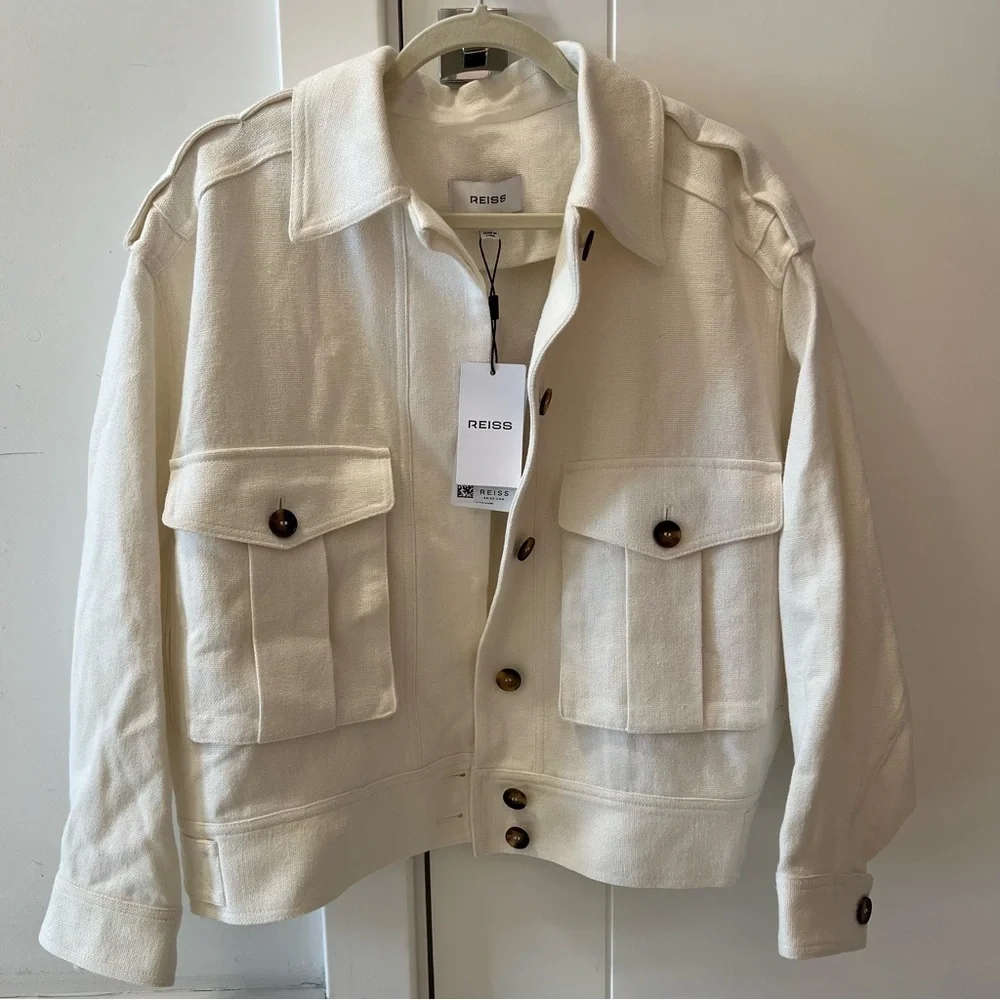 Reiss Linen-Blend Twin-Pocket Jacket in White- US Size 4 / S; New with Tags